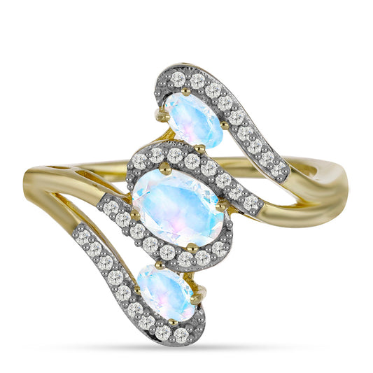 Anillo de Plata Bañada en Oro con Piedra Lunar Arco Iris y Topacio Blanco