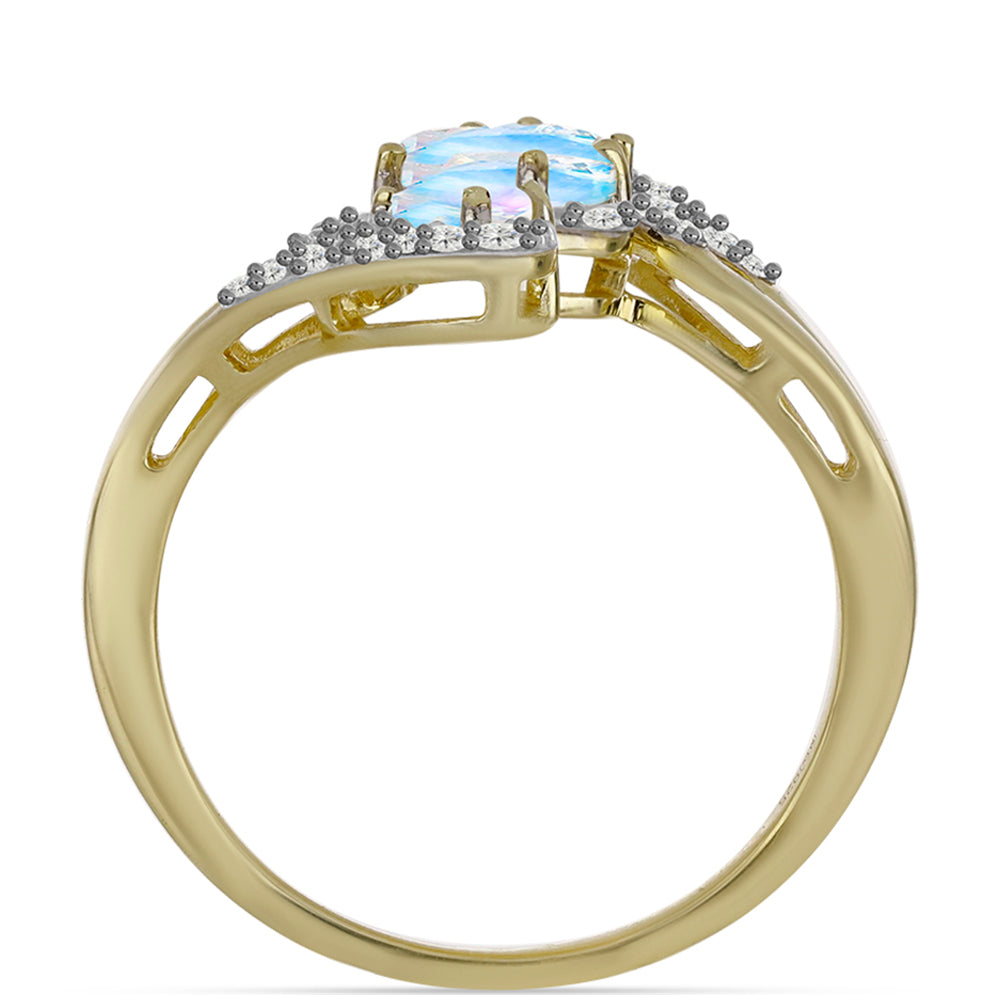 Anillo de Plata Bañada en Oro con Piedra Lunar Arco Iris y Topacio Blanco 2 