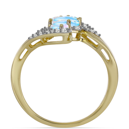 Anillo de Plata Bañada en Oro con Piedra Lunar Arco Iris y Topacio Blanco