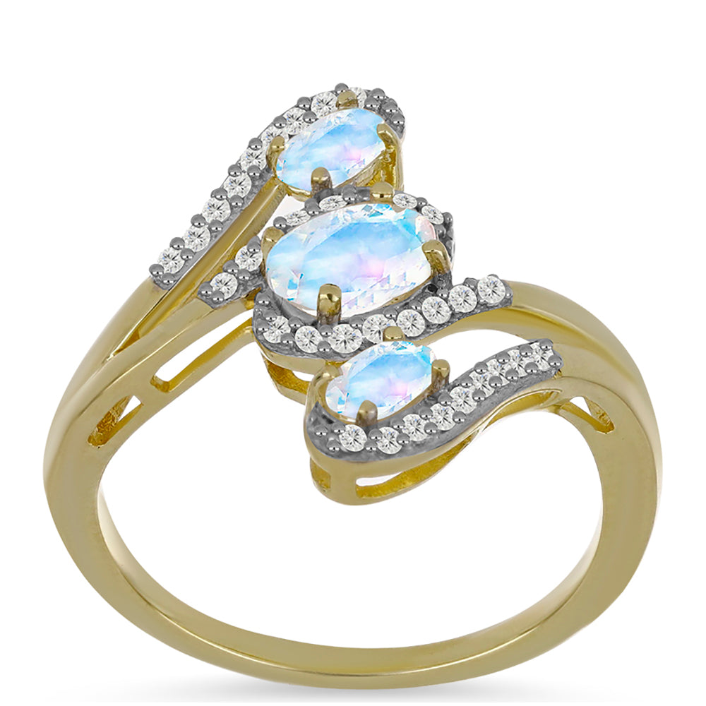 Anillo de Plata Bañada en Oro con Piedra Lunar Arco Iris y Topacio Blanco 3 