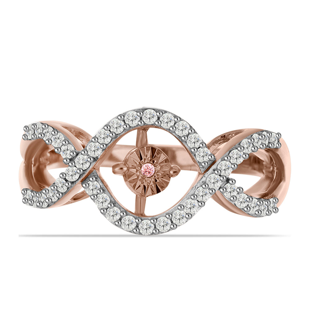 Anillo de Plata Bañada en Oro Rosa con Diamante Rosa Danzantes y Topacio Blanco 1 