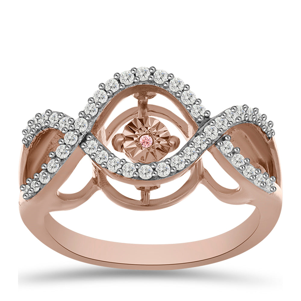 Anillo de Plata Bañada en Oro Rosa con Diamante Rosa Danzantes y Topacio Blanco 3 