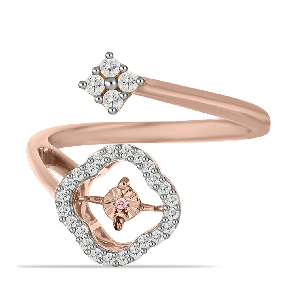 Anillo de Plata Bañada en Oro Rosa con Diamante Rosa Danzantes y Topacio Blanco