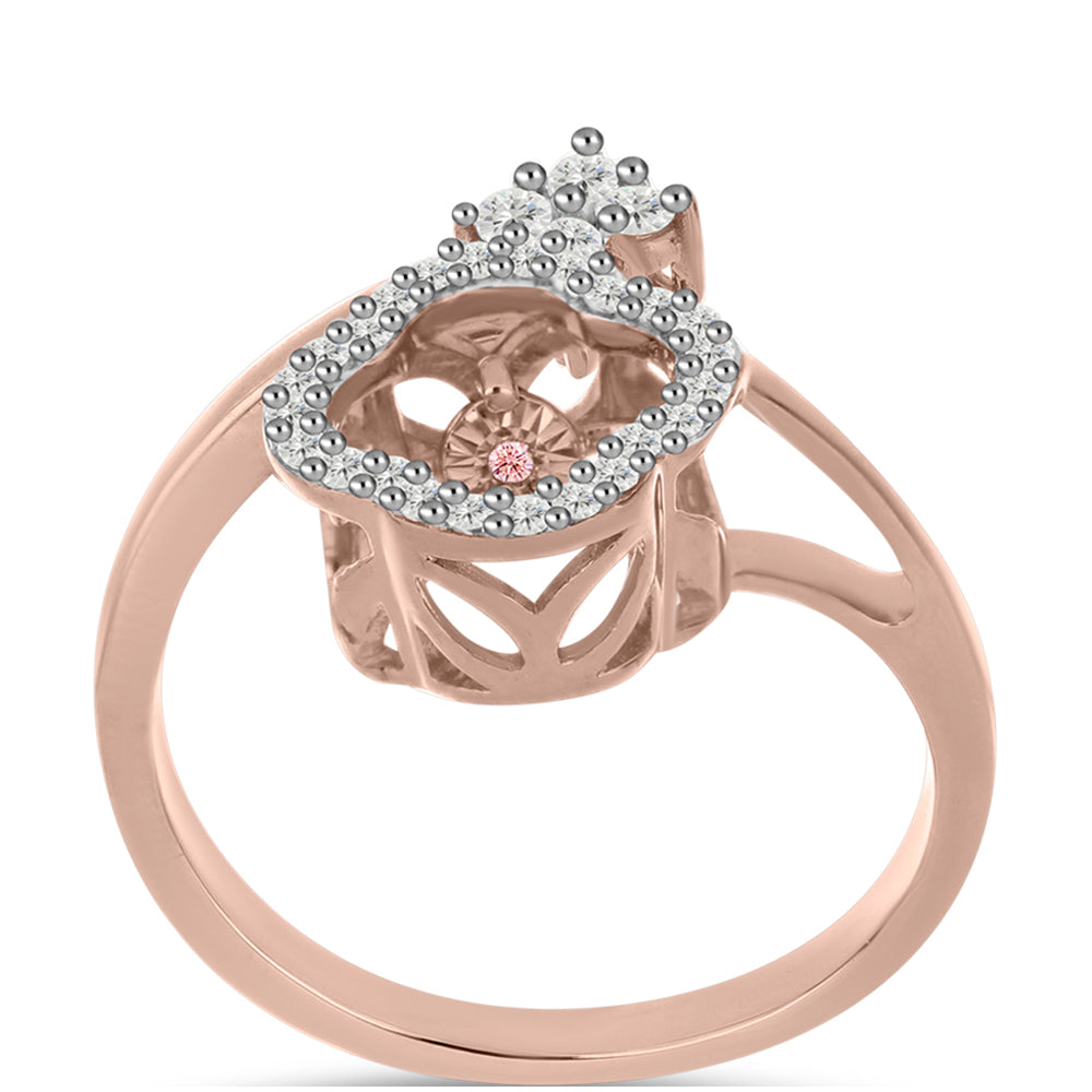 Anillo de Plata Bañada en Oro Rosa con Diamante Rosa Danzantes y Topacio Blanco