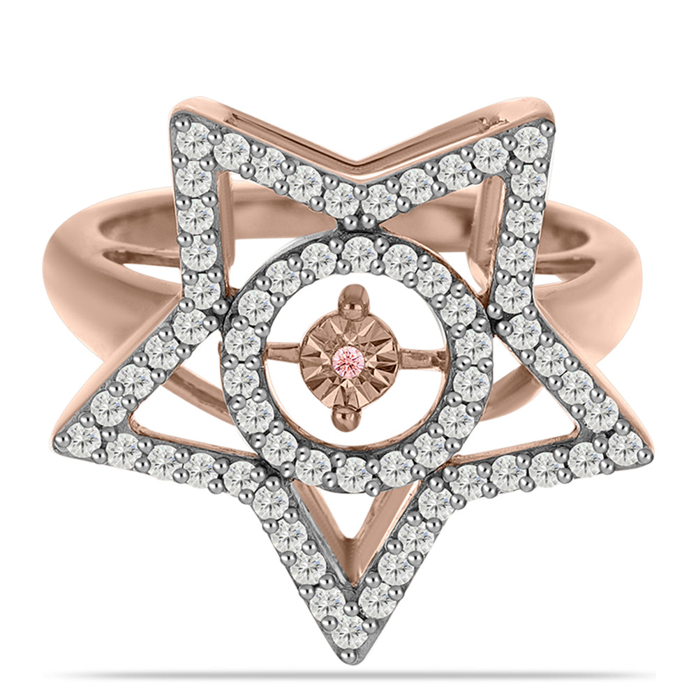 Anillo de Plata Bañada en Oro Rosa con Diamante Rosa Danzantes y Topacio Blanco 1 