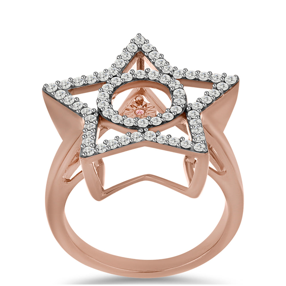 Anillo de Plata Bañada en Oro Rosa con Diamante Rosa Danzantes y Topacio Blanco 3 