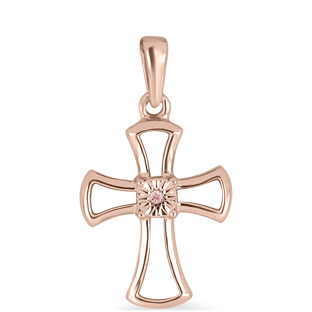 Cruz Colgante de Plata Bañada en Oro Rosa con Diamante Rosa Danzantes 1 