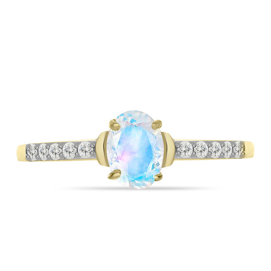 Anillo de Plata Bañada en Oro con Piedra Lunar Arco Iris y Topacio Blanco