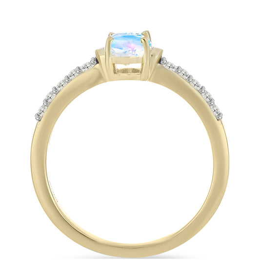 Anillo de Plata Bañada en Oro con Piedra Lunar Arco Iris y Topacio Blanco