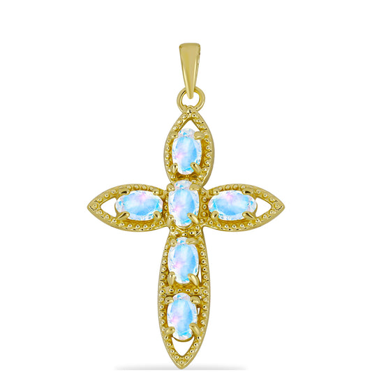 Cruz Colgante de Plata Bañada en Oro con Piedra Lunar Arco Iris