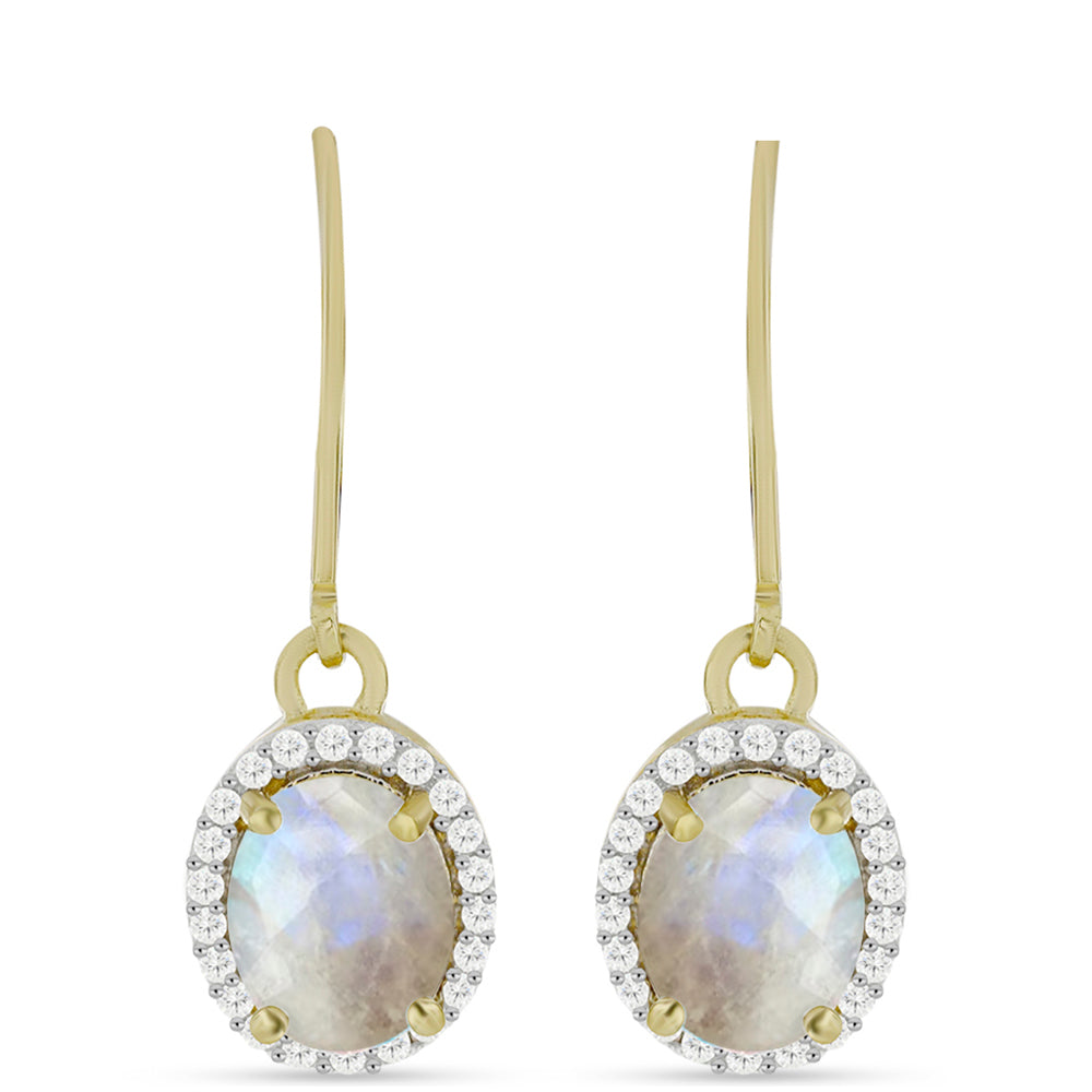 Pendientes de Plata Bañada en Oro con Piedra Lunar Arco Iris y Topacio Blanco