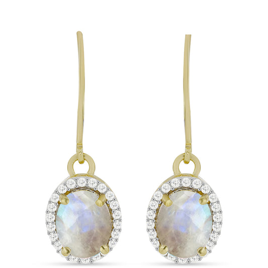 Pendientes de Plata Bañada en Oro con Piedra Lunar Arco Iris y Topacio Blanco