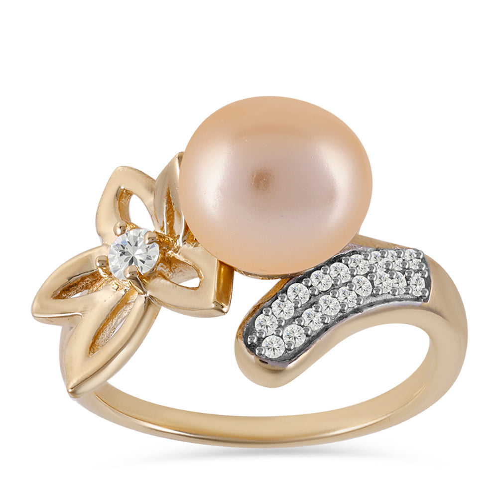 Anillo de Plata Bañada en Oro con Perla Dorada de Agua Dulce y Topacio Blanco 3 