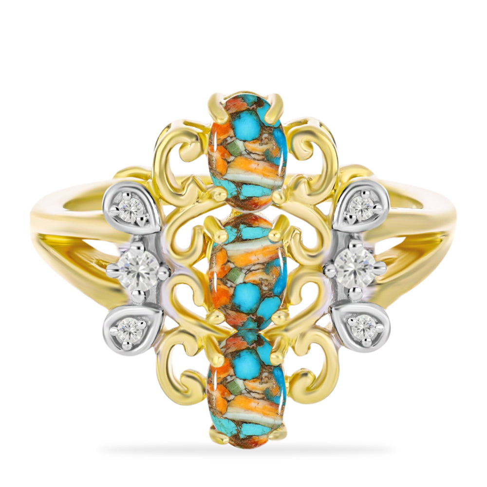 Anillo de Plata Bañada en Oro con Turquesa Ostra y Topacio Blanco