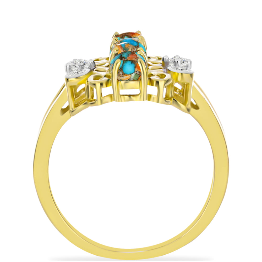 Anillo de Plata Bañada en Oro con Turquesa Ostra y Topacio Blanco 2 