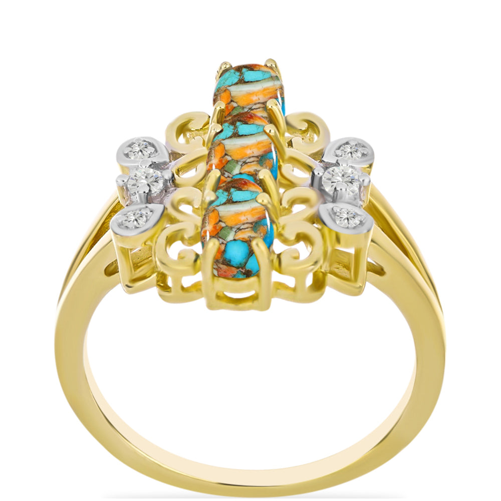 Anillo de Plata Bañada en Oro con Turquesa Ostra y Topacio Blanco 3 