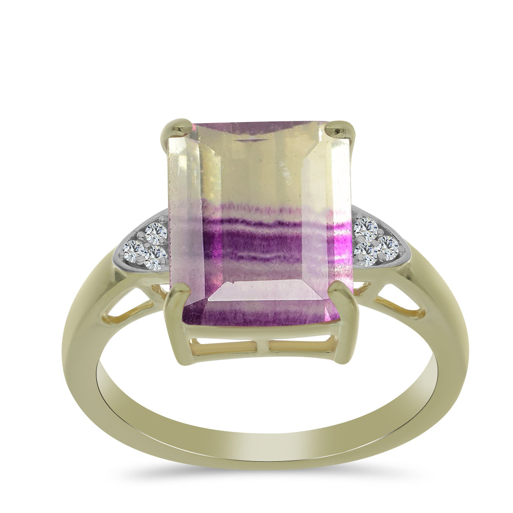 Anillo de Plata Bañada en Oro con Fluorita morada y Topacio Blanco