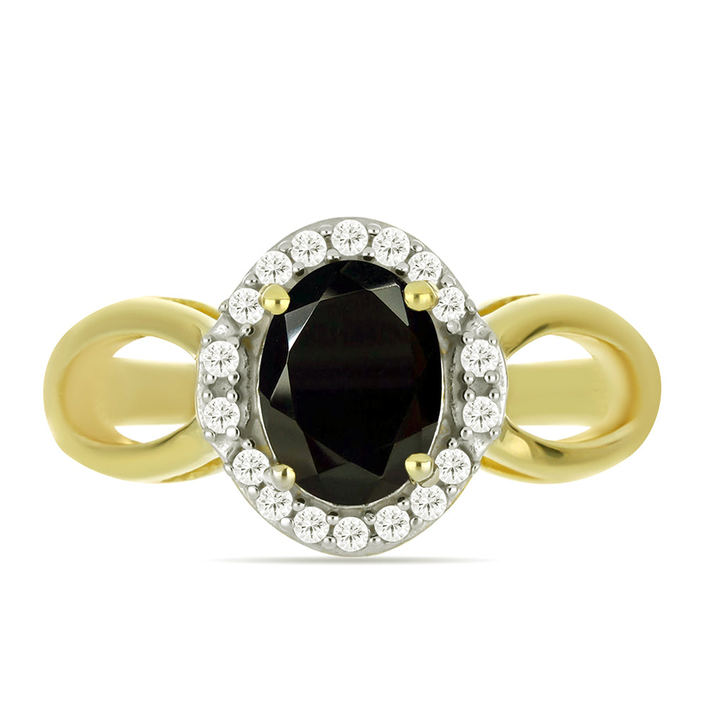 Anillo de Plata Bañada en Oro con Ónix Negro y Topacio Blanco