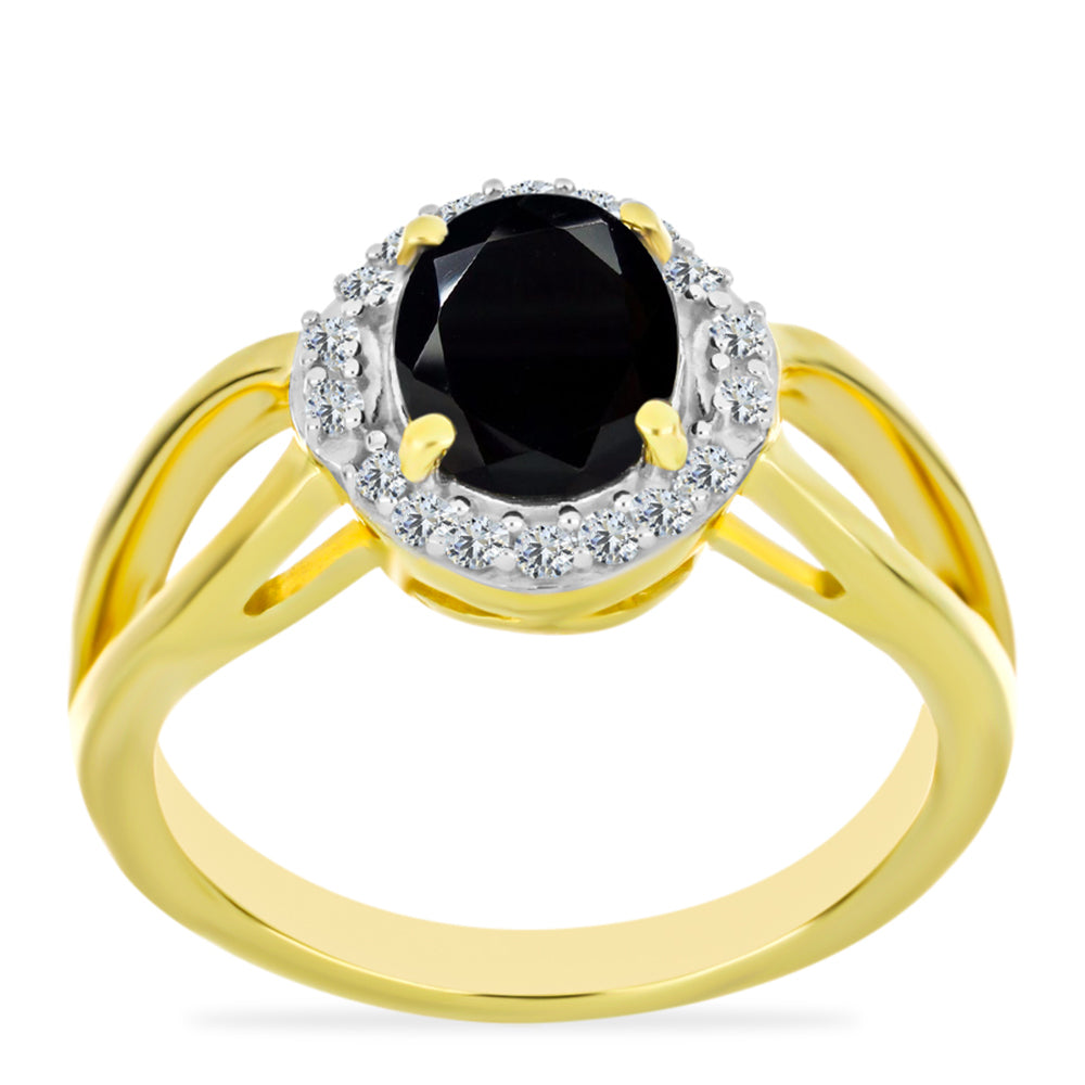 Anillo de Plata Bañada en Oro con Ónix Negro y Topacio Blanco