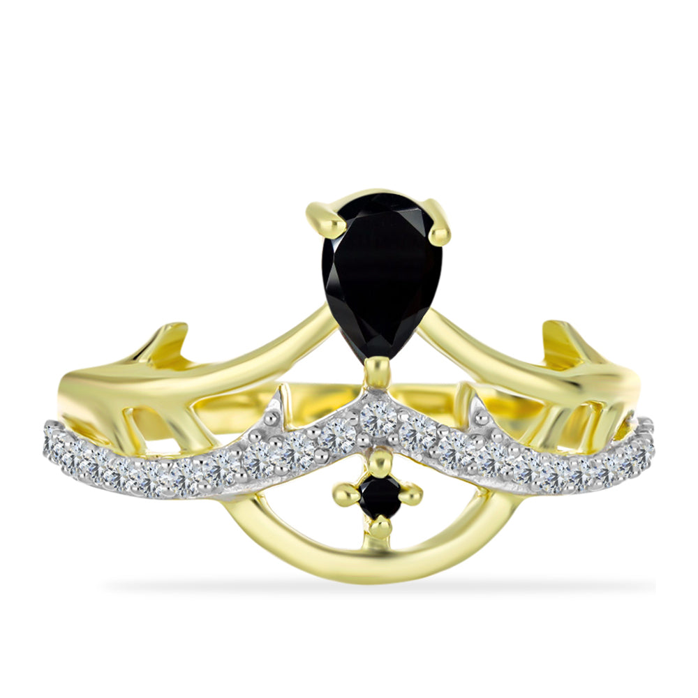 Anillo de Plata Bañada en Oro con Ónix Negro y Topacio Blanco 1 