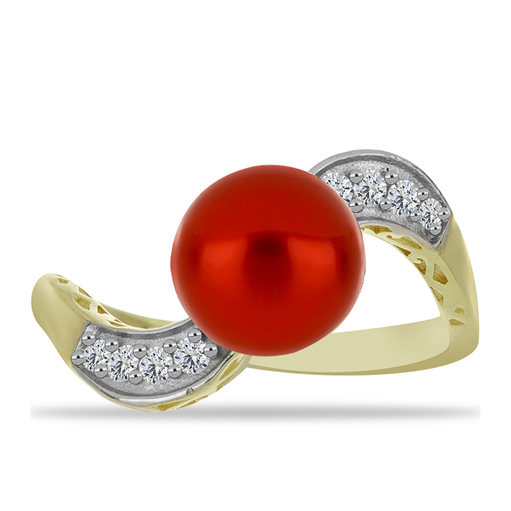Anillo de Plata Bañada en Oro con Perla roja de río y Topacio Blanco 1 