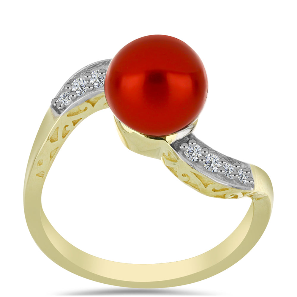 Anillo de Plata Bañada en Oro con Perla roja de río y Topacio Blanco 3 