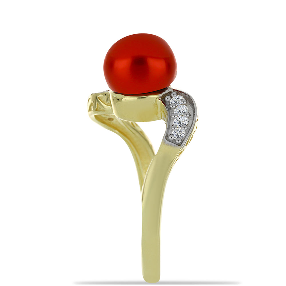 Anillo de Plata Bañada en Oro con Perla roja de río y Topacio Blanco 4 