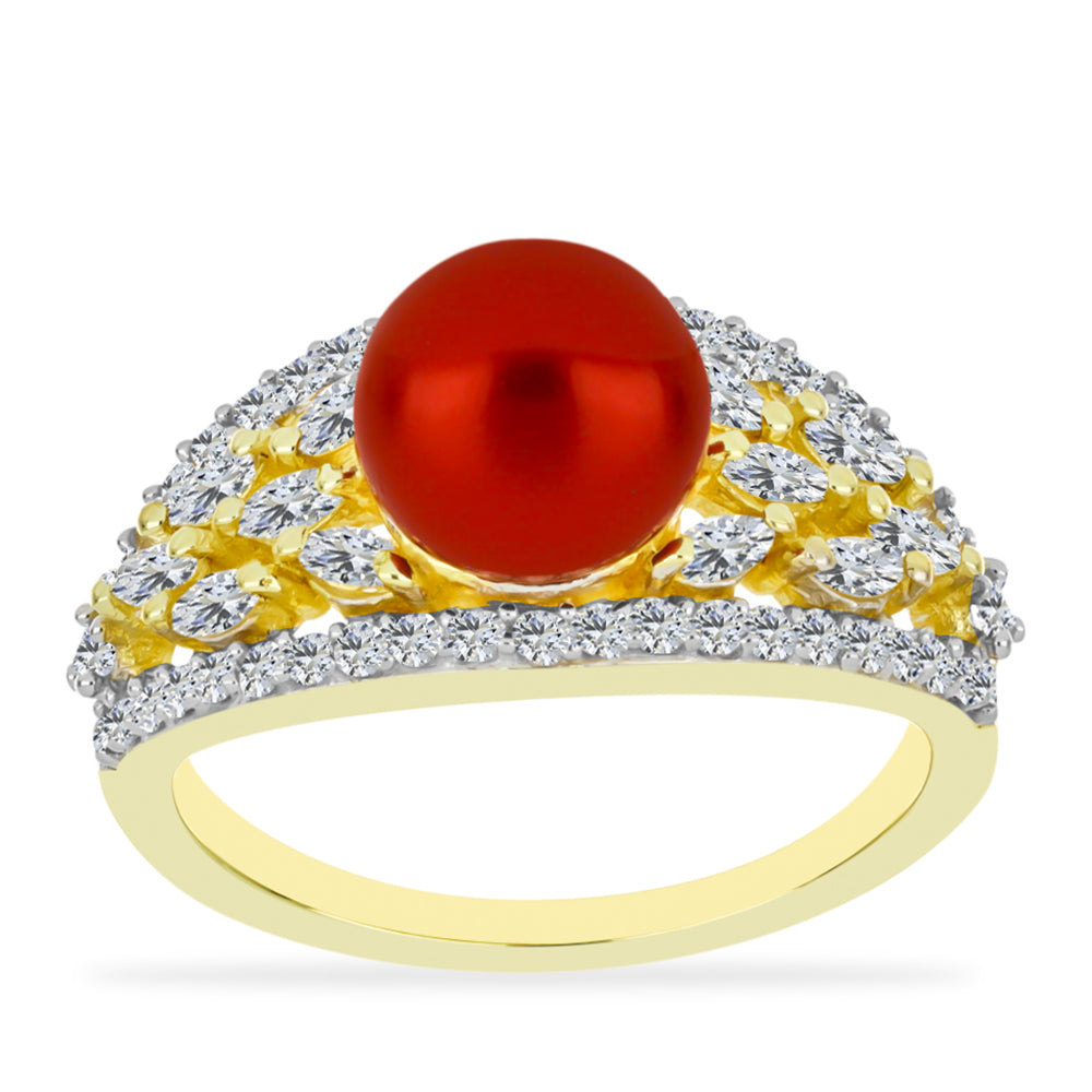 Anillo de Plata Bañada en Oro con Perla roja de río y Topacio Blanco 3 
