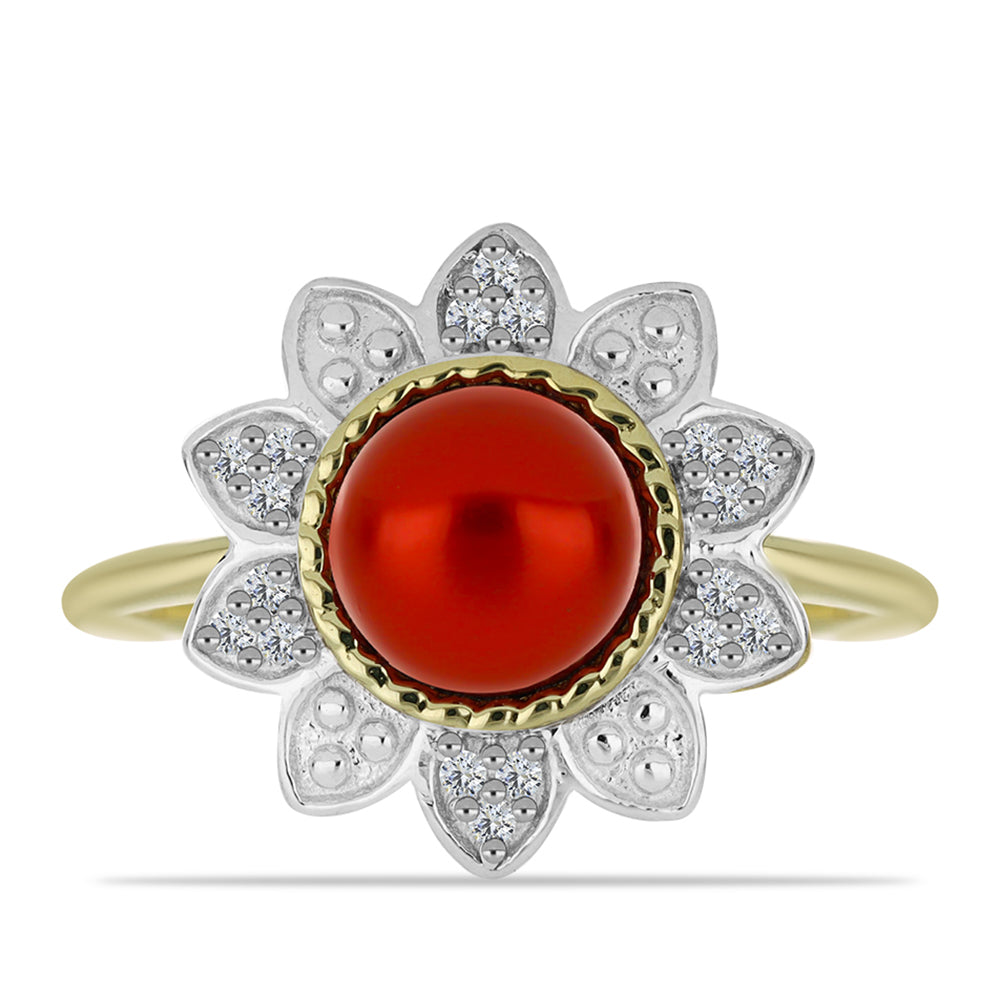 Anillo de Plata Bañada en Oro con Perla roja de río y Topacio Blanco 1 