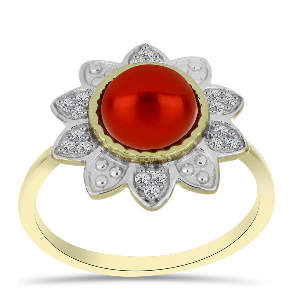 Anillo de Plata Bañada en Oro con Perla roja de río y Topacio Blanco 3 