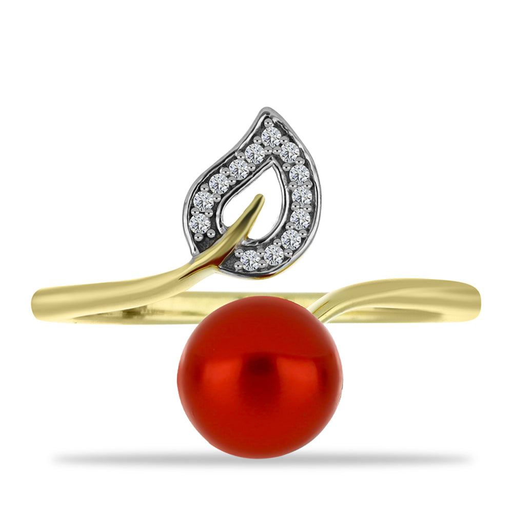 Anillo de Plata Bañada en Oro con Perla roja de río y Topacio Blanco 1 