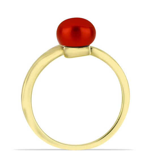 Anillo de Plata Bañada en Oro con Perla roja de río y Topacio Blanco