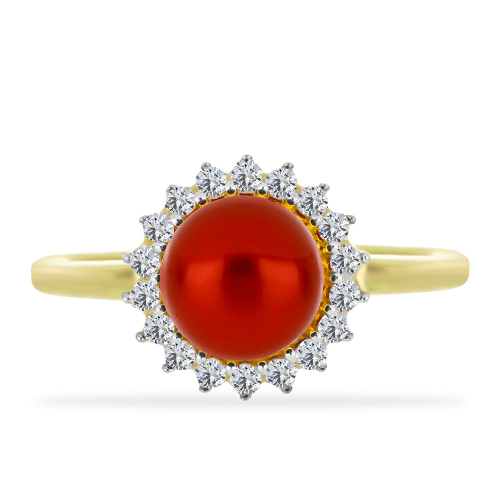 Anillo de Plata Bañada en Oro con Perla roja de río y Topacio Blanco