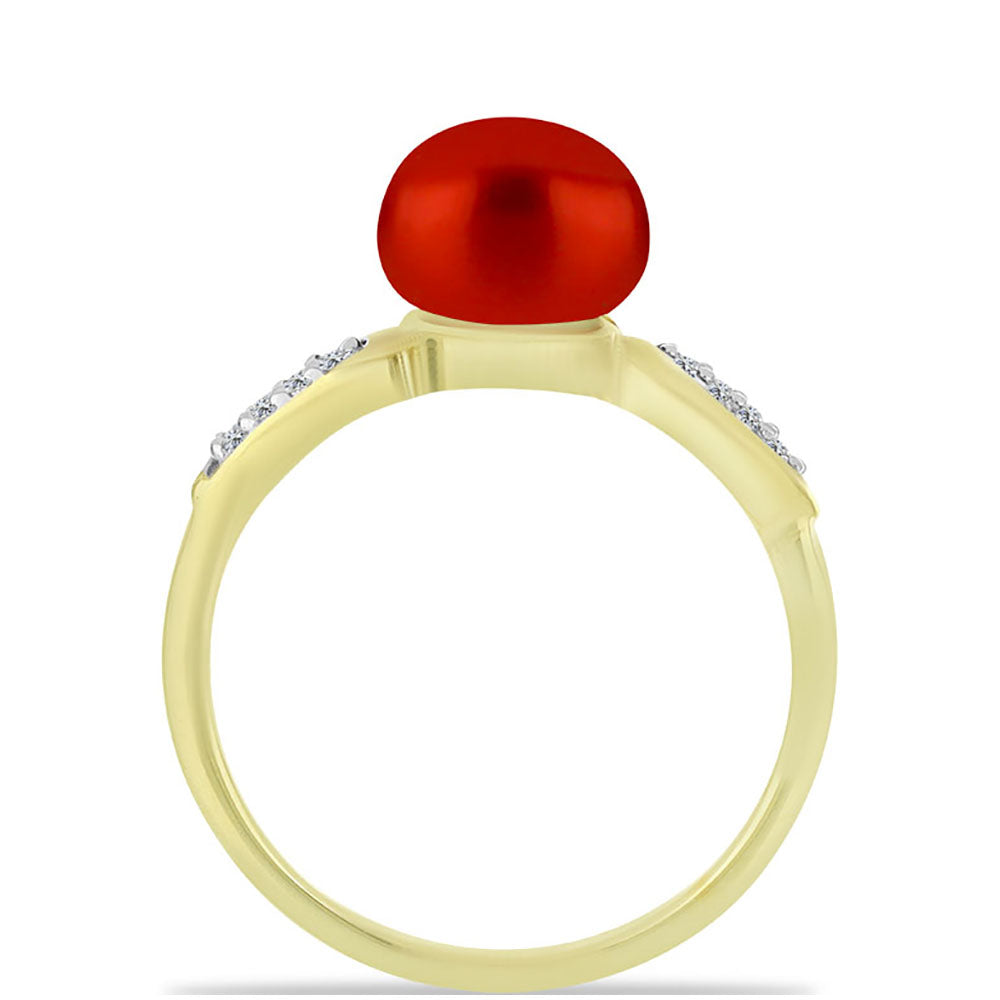 Anillo de Plata Bañada en Oro con Perla roja de río y Topacio Blanco 2 