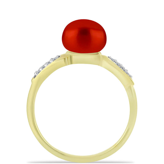 Anillo de Plata Bañada en Oro con Perla roja de río y Topacio Blanco