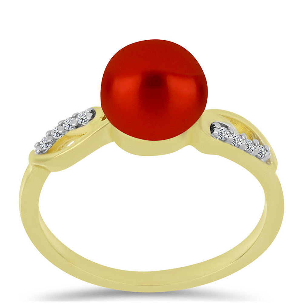 Anillo de Plata Bañada en Oro con Perla roja de río y Topacio Blanco 3 