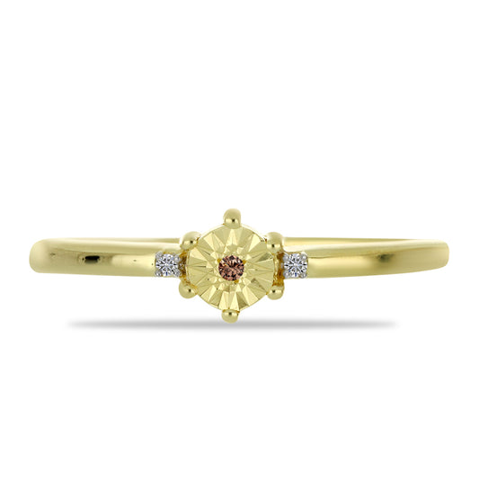 Anillo de Plata Bañada en Oro con Diamante Champagne y Diamante blanco