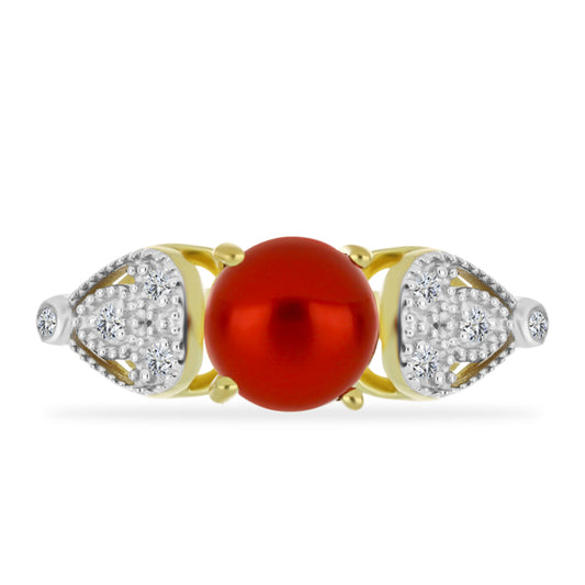 Anillo de Plata Bañada en Oro con Perla roja de río y Topacio Blanco