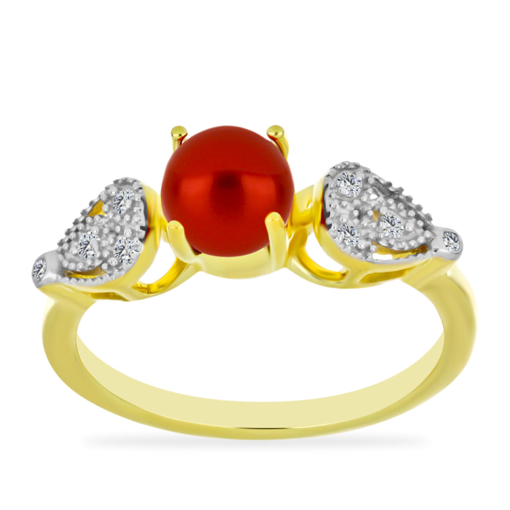 Anillo de Plata Bañada en Oro con Perla roja de río y Topacio Blanco 3 