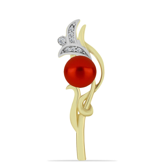 Broche de Plata Bañada en Oro con Perla roja de río y Topacio Blanco