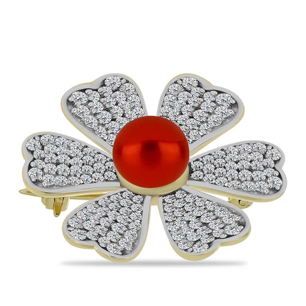 Broche de Plata Bañada en Oro con Perla roja de río y Topacio Blanco 1 