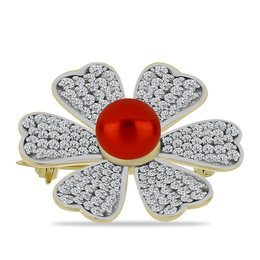 Broche de Plata Bañada en Oro con Perla roja de río y Topacio Blanco
