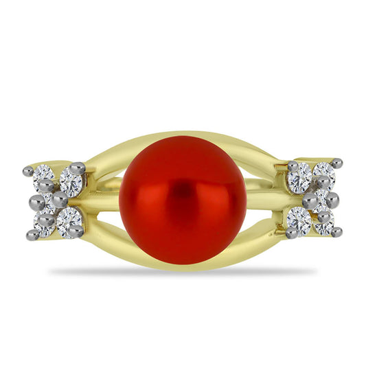 Anillo de Plata Bañada en Oro con Perla roja de río y Topacio Blanco