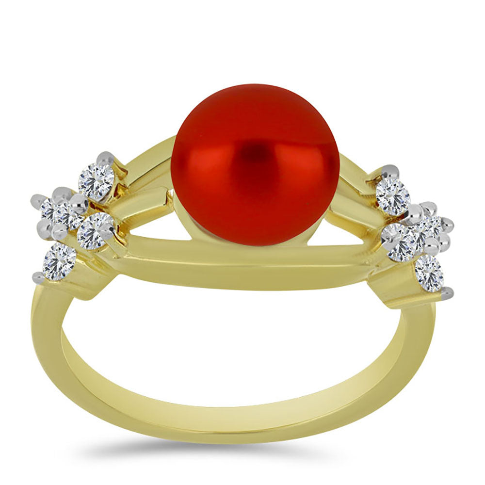 Anillo de Plata Bañada en Oro con Perla roja de río y Topacio Blanco 3 
