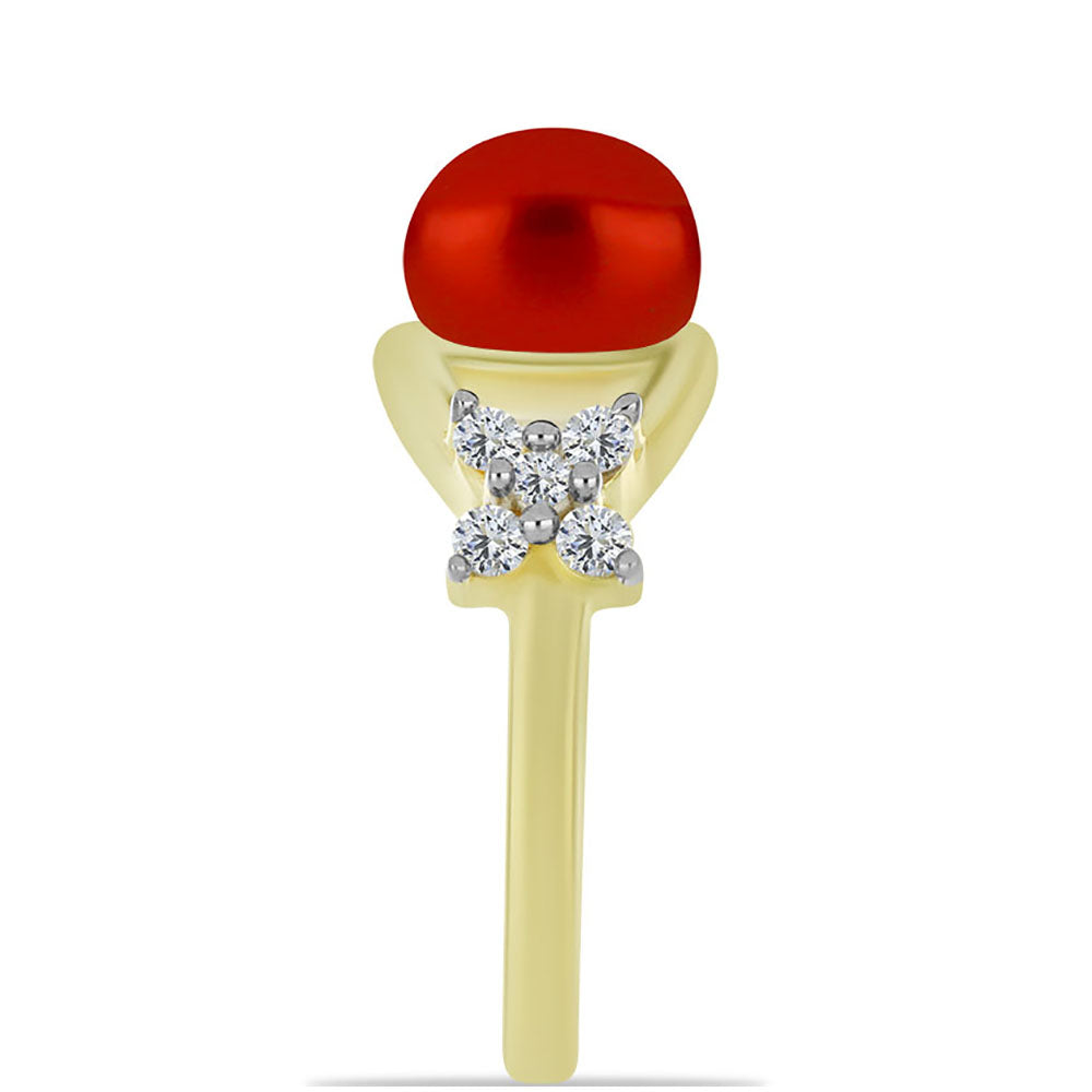 Anillo de Plata Bañada en Oro con Perla roja de río y Topacio Blanco 4 