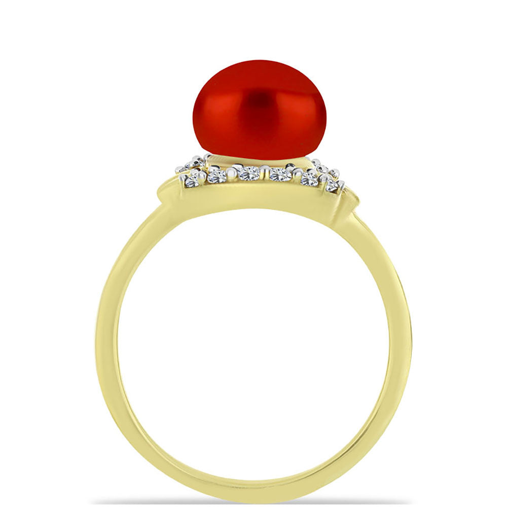 Anillo de Plata Bañada en Oro con Perla roja de río y Topacio Blanco 2 