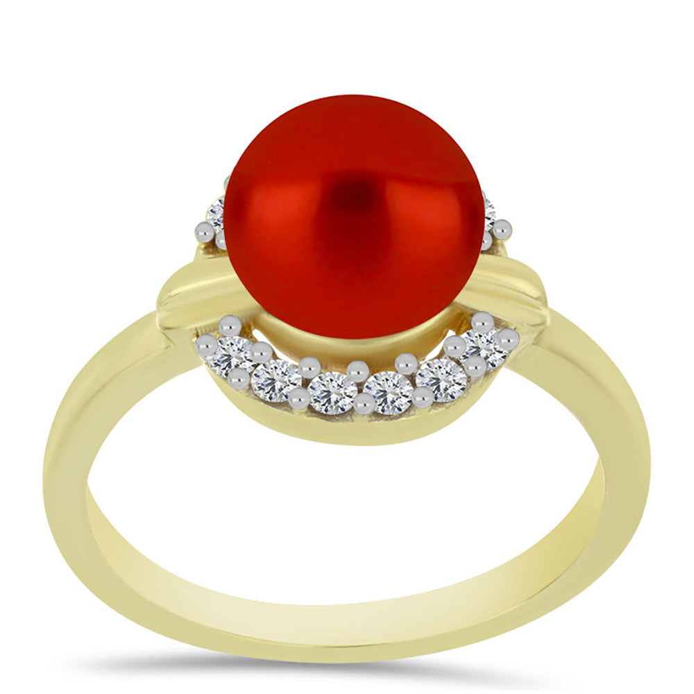Anillo de Plata Bañada en Oro con Perla roja de río y Topacio Blanco 3 