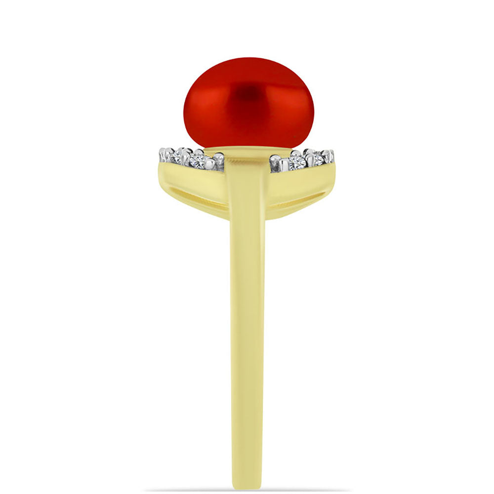 Anillo de Plata Bañada en Oro con Perla roja de río y Topacio Blanco 4 