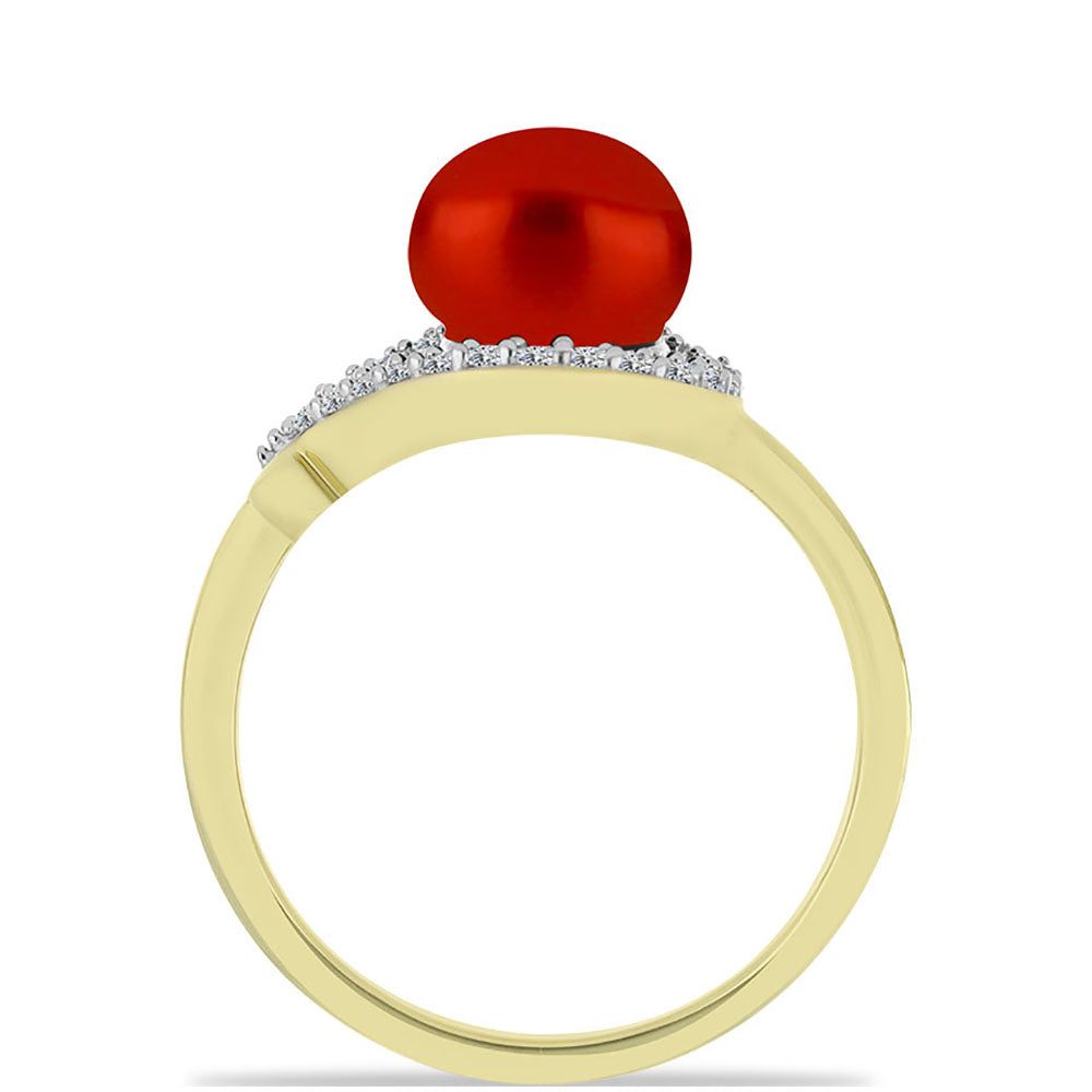 Anillo de Plata Bañada en Oro con Perla roja de río y Topacio Blanco 2 