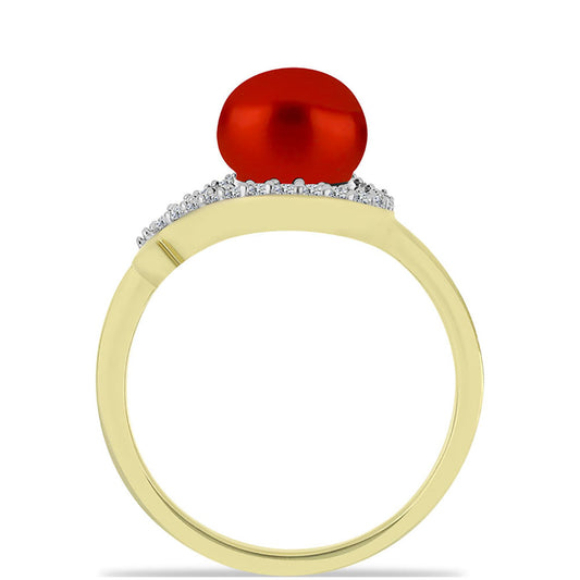Anillo de Plata Bañada en Oro con Perla roja de río y Topacio Blanco